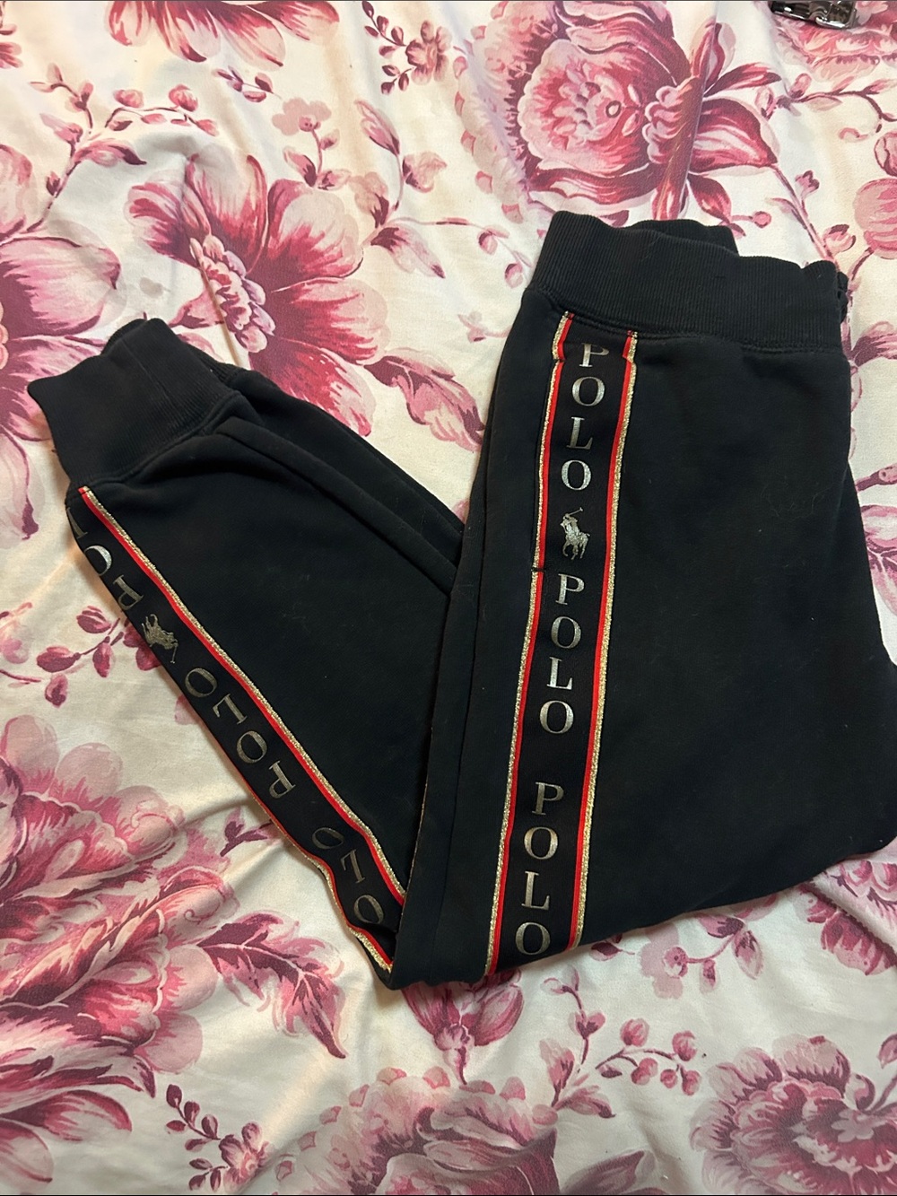Polo by Ralph Lauren Black Joggers with Red Trim and Logo Tape